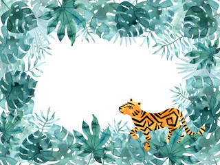 Horizontal rectangular frame template with watercolor tropical leaves and a tiger. Exotic hand painted illustration.