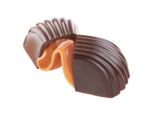 chocolate candy with caramel on a white background