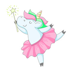 Cute unicorn fairy ballerina in a tutu in a dancing pose on tiptoe with a magic wand. Cartoon illustration isolated on white background.