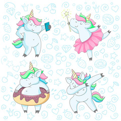 Obraz na płótnie Canvas Set of four cute unicorns. Illustration in cartoon style on a background of hand-drawn doodles.