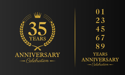 35 years golden glitter anniversary celebration badge, additional elements added for compilation any dates or years. Vector illustration.