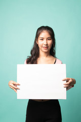 Fototapeta premium Young Asian woman with white blank sign.