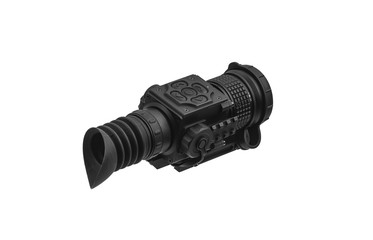 modern black optical scope for weapon isolated on whited. sight scope isolated on white back.