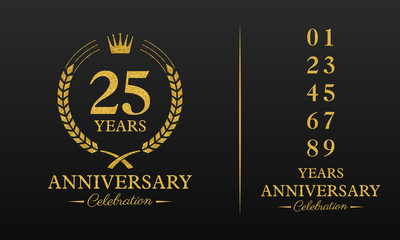 25 years golden glitter anniversary celebration badge, additional elements added for compilation any dates or years. Vector illustration.