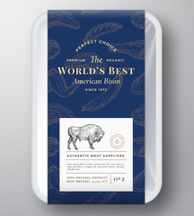 Worlds Best Bison Abstract Vector Plastic Tray Container Cover. Premium Meat Vertical Packaging Design Label Layout. Hand Drawn Buffalo, Steak, Sausage, Wings and Legs Sketch Pattern Background.