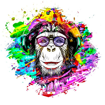 colorful artistic monkey muzzle in eyeglasses with colorful paint splatters on white background.