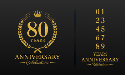 80 years golden glitter anniversary celebration badge, additional elements added for compilation any dates or years. Vector illustration.