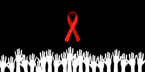 World Remembrance Day of AIDS Victims concept. Symbolic red ribbon and pale hands of people who died of this illness