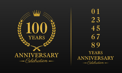 Fototapeta na wymiar 100 years golden glitter anniversary celebration badge, additional elements added for compilation any dates or years. Vector illustration.