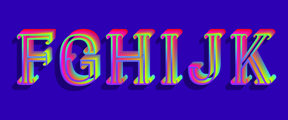F, G, H, I, J, K iridescent letters. Vintage 3D font.