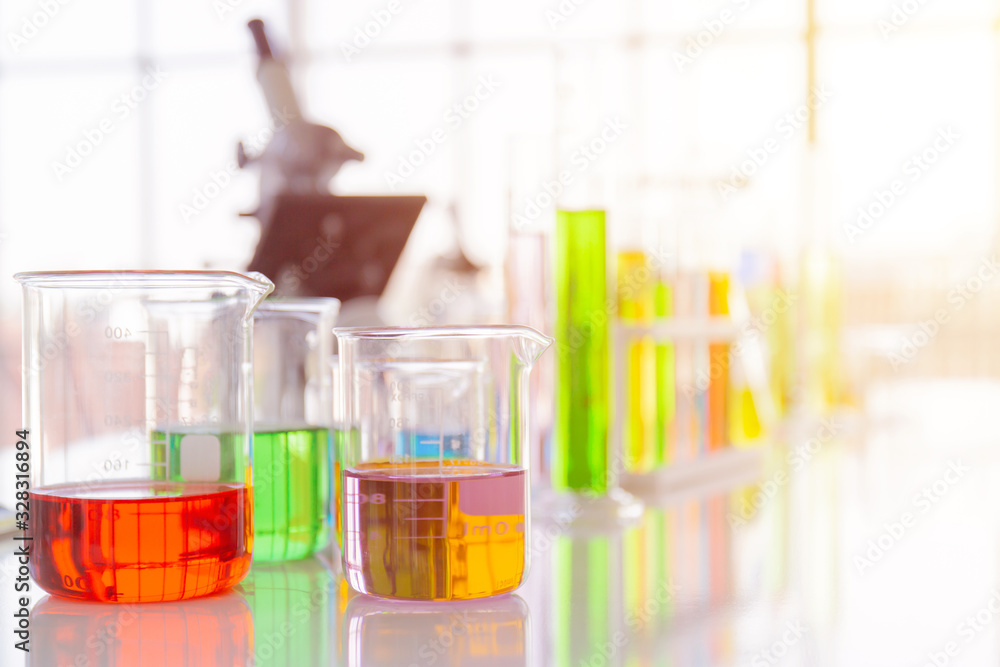 Poster Chemical reagent bottles in scientific experiment bottles of different shapes and sizes