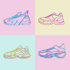Set of sneakers vector Icon. Bright Neon Linear shoes on pink blue and yellow Background.Simple illustration of fitness and sport, gym shoe. Sign shop graphics