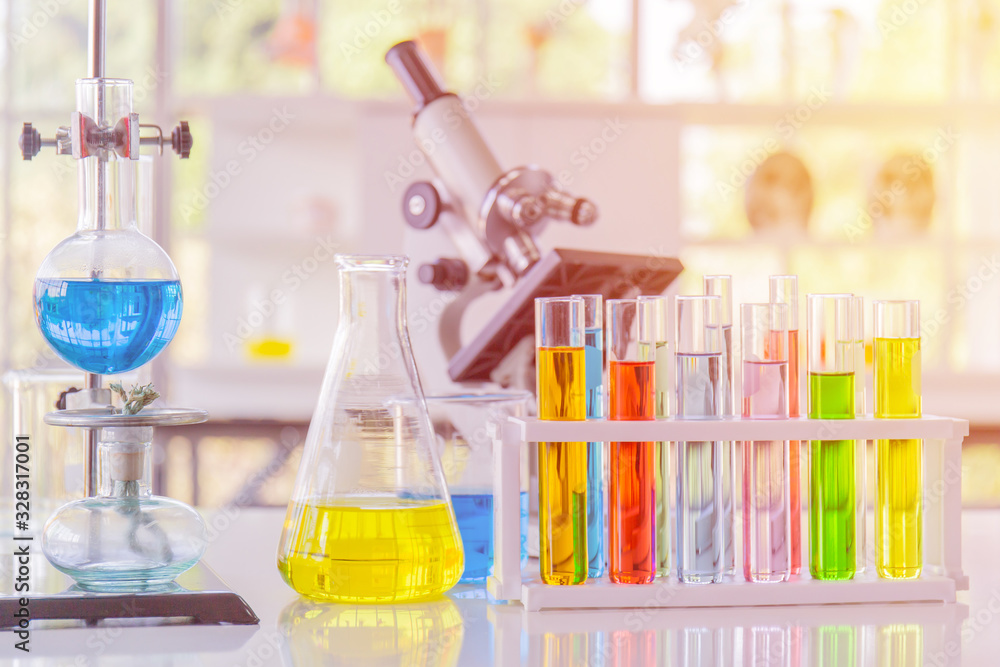 Poster chemical reagents in glass bottles of various shapes, scientific experiments of various sizes and wi