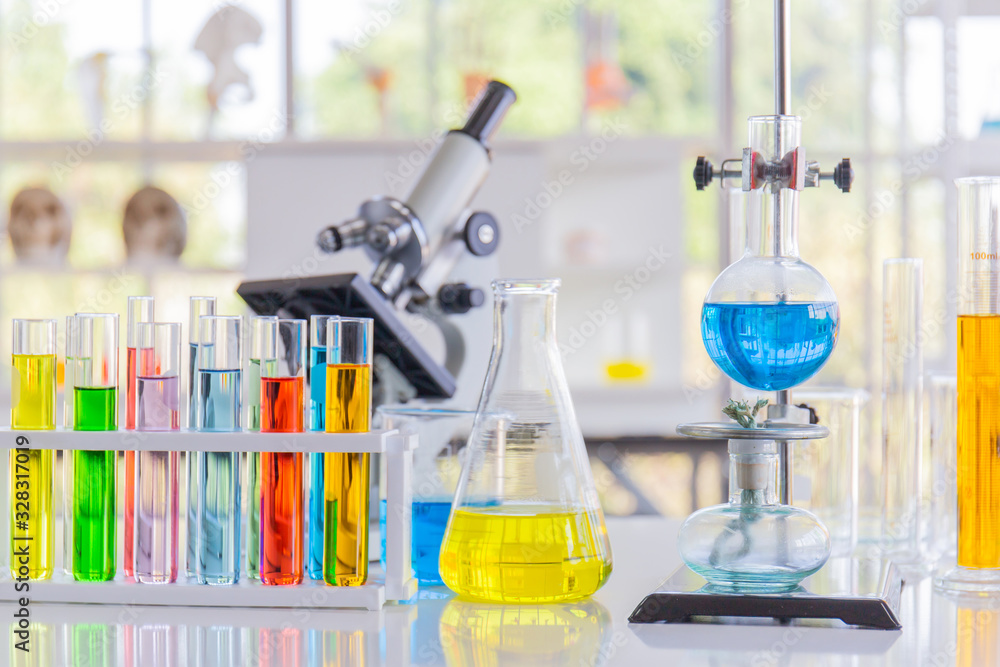 Poster chemical reagents in glass bottles of various shapes, scientific experiments of various sizes.