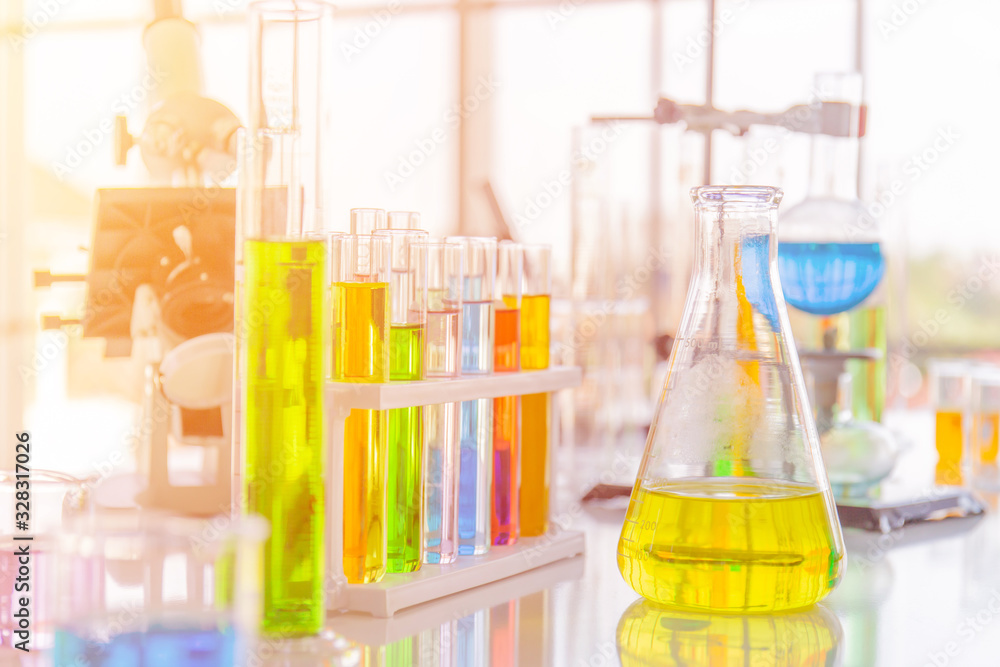 Poster chemical reagent bottles in scientific experiments of various sizes