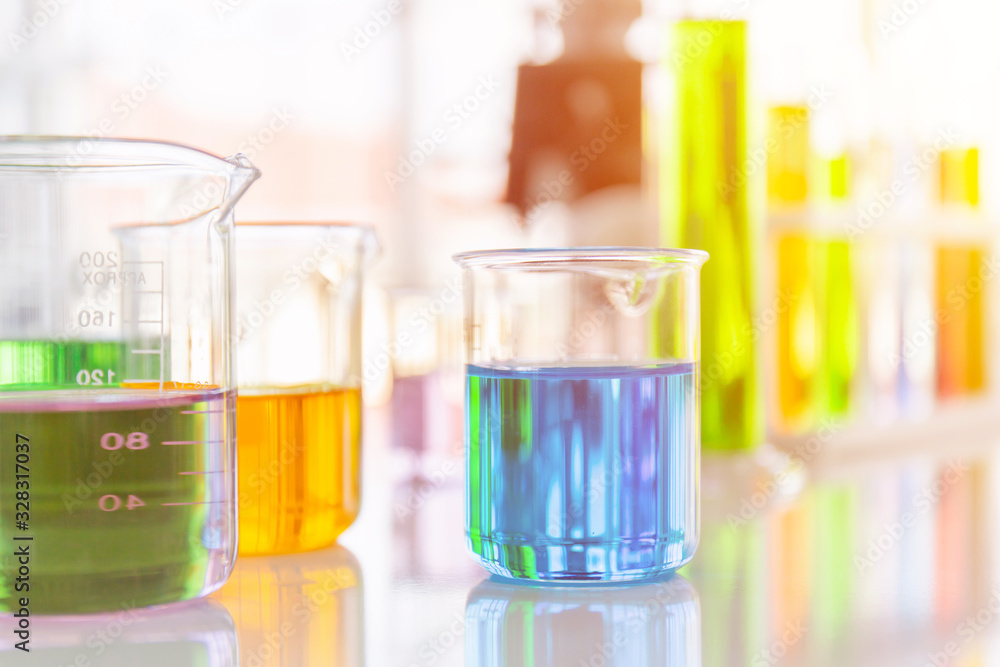 Poster chemical reagent bottles in scientific experiments of various sizes