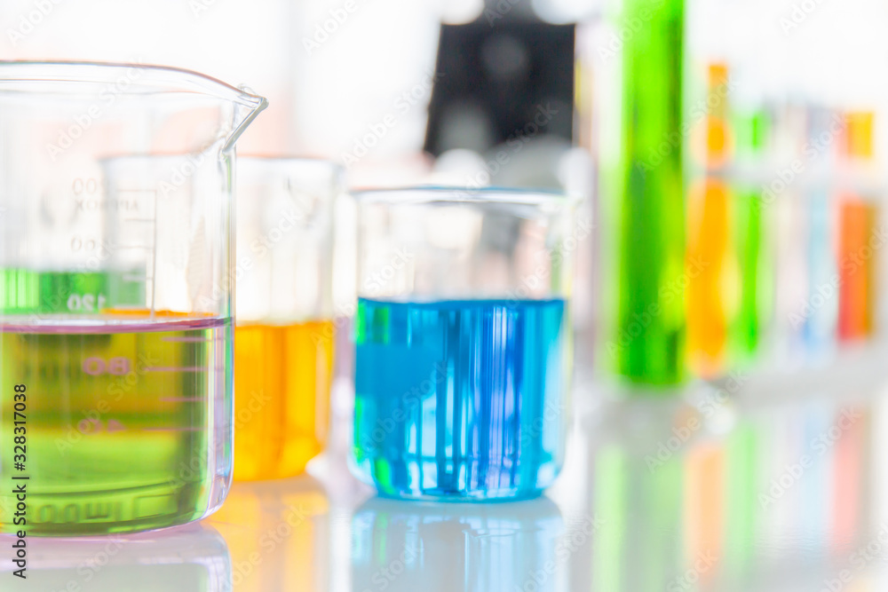 Poster chemical reagent bottles in scientific experiments of various sizes