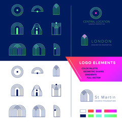 Logo elements set, minimalistic geometric design with colour scheme and examples. Easy to use and combine brand details with beautiful simple outlined logos. Great for architecture or property  agency - 328317024