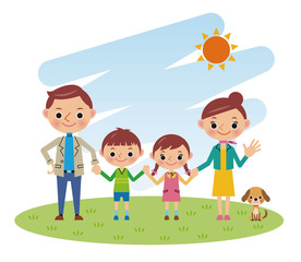 青空の下で手をつなぐ4人家族