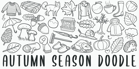 Autumn Season Fall Doodle Line Art Illustration. Hand Drawn Vector Clip Art. Banner Set Logos.