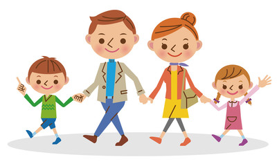 手をつないで歩く4人家族