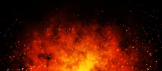 Fire ember particles over  black background. Fire sparks background. Abstract dark glitter fire particles lights.