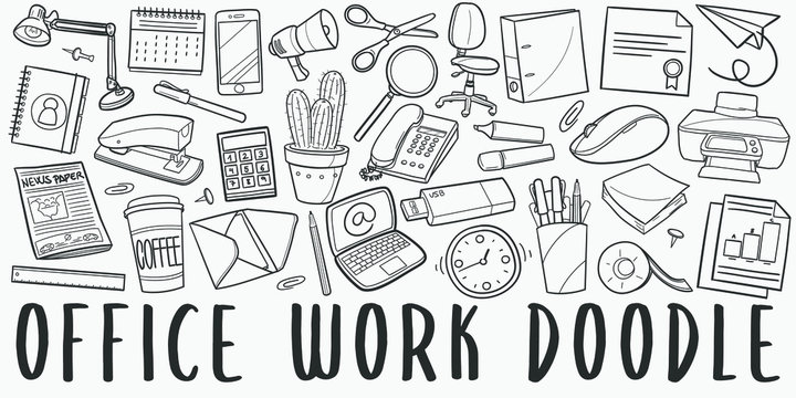 Office Work Doodle Line Art Illustration. Hand Drawn Vector Clip Art. Banner Set Logos.
