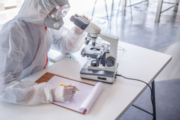 coronavirus covid 19, medical looking through a microscope for Corona Virus in laboratory for Prevention of pandemic, biological protective Epidemic virus outbreak concept.