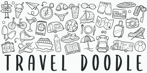 Time to Travel Doodle Line Art Illustration. Hand Drawn Vector Clip Art. Banner Set Logos.