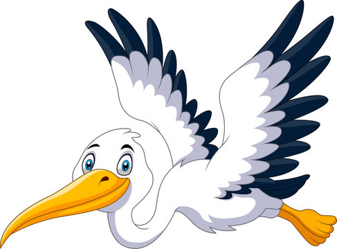 Cute cartoon stork is flying