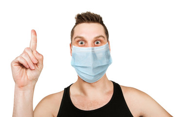man wearing protective face mask prevent virus infection, pollution with idea pointing finger, white isolated background