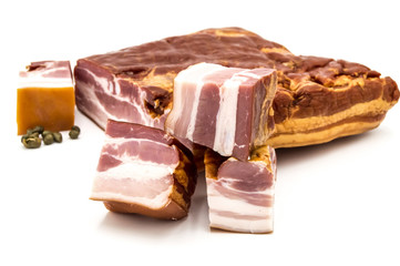 Piece of smoked bacon with meat and cubed