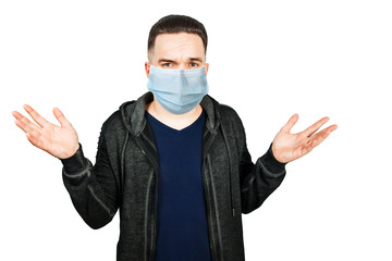 man wearing protective face mask prevent virus infection, pollution with idea, shrugs, on white isolated background