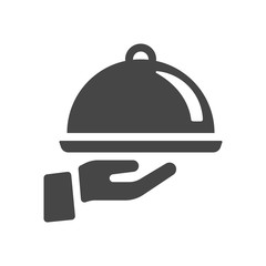 Food tray cover symbol with hand. Menu title logo. Vector icon graphic art isolated on white background.