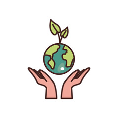 Isolated hands holding world with leaves fill style icon vector design