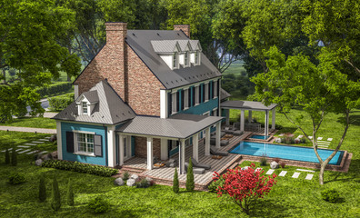 3d rendering of modern cozy classic house in colonial style with garage and pool for sale or rent with beautiful landscaping on background. Clear sunny summer day with blue sky.
