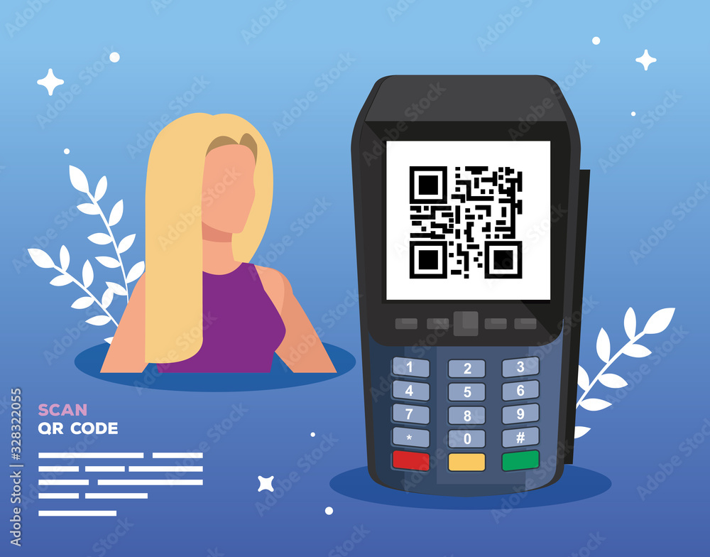 Poster businesswoman and dataphone with scan code qr vector illustration design