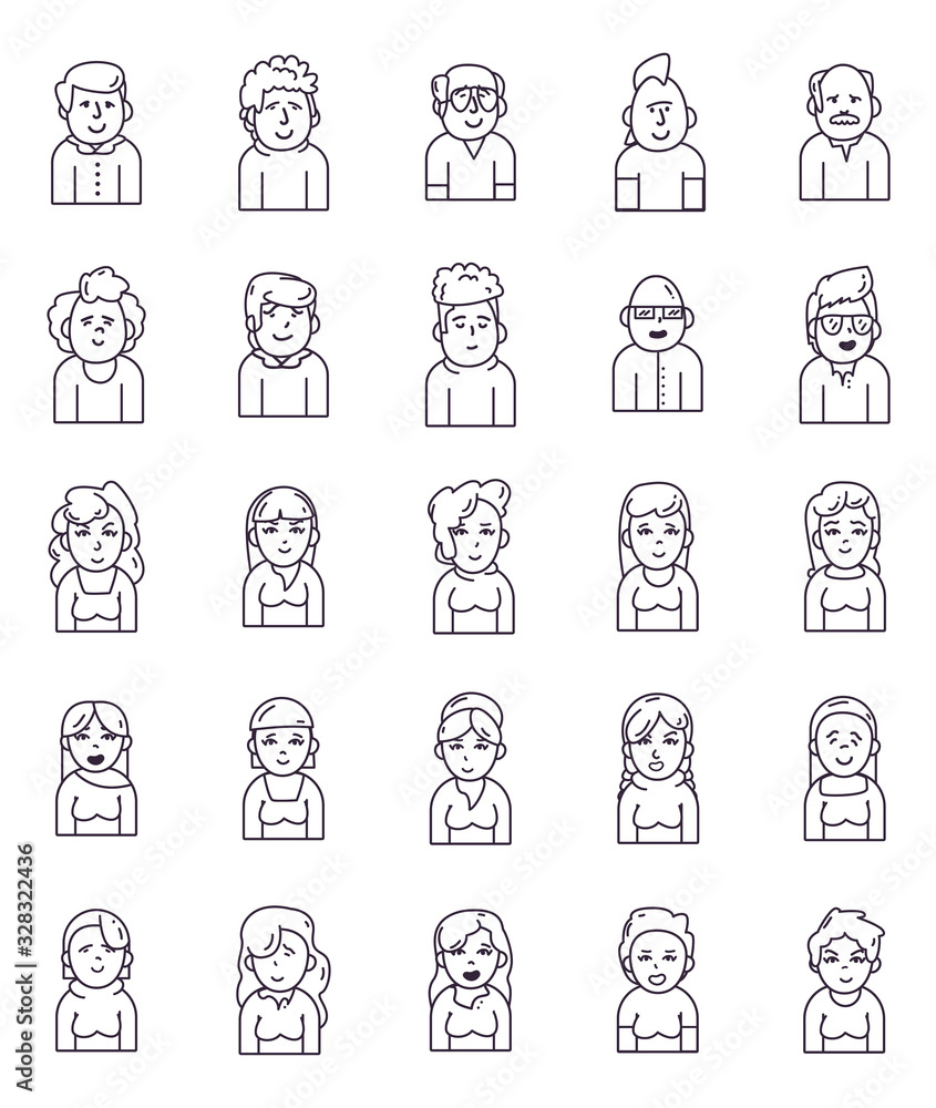 Poster isolated people avatars line style icon set vector design