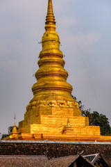 Closeup Golden Pagoda of Wat Phra That Chae Hang Temple, Nan Province, Thailand