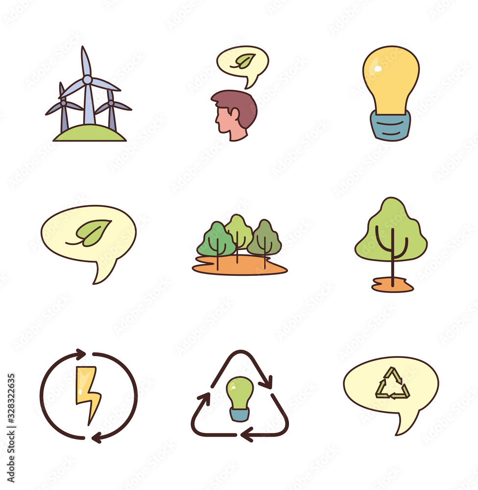 Poster isolated ecology fill style icon set vector design