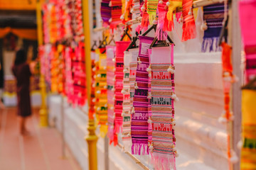 Colorful cloth for holy blessings At Wat Phra That Chae Haeng, Nan