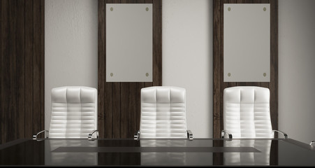 meeting room with a large window and wood paneling on the walls. Large table and office chairs.. 3D rendering.. Blank paintings.  Mockup.
