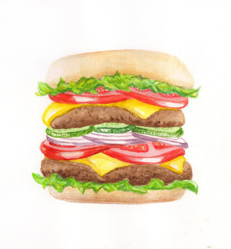 watercolor burger drawing isolated on white background