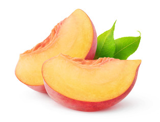 Isolated peach pieces. Two slices of peach fruit isolated on white background with clipping path