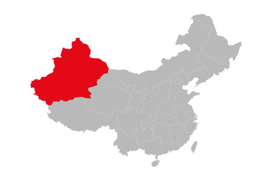 Xinjiang uyghur highlighted on china map. Gray background. Perfect for business concepts, backgrounds, backdrop, poster, sticker, banner, label and wallpaper.