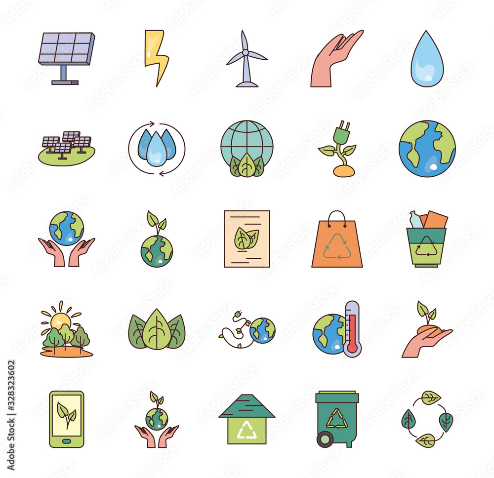 Poster isolated ecology fill style icon set vector design