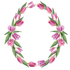 Hand drawn watercolor golden frame, tulips, ribbon, greens. Illustration for design Valentine's Day or Woman's Day greeting cards, invitation.