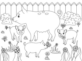 Family of pigs. Children coloring. Black lines, white background. Mom boar with piglets. Cartoon vector
