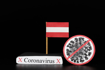 National flag of Austria with cell of covid-19 and word coronavirus. Fast spreading disease worldwide. Covid-2019 is a stronger flu which affects seniors and sick people. Dangerous and agressive