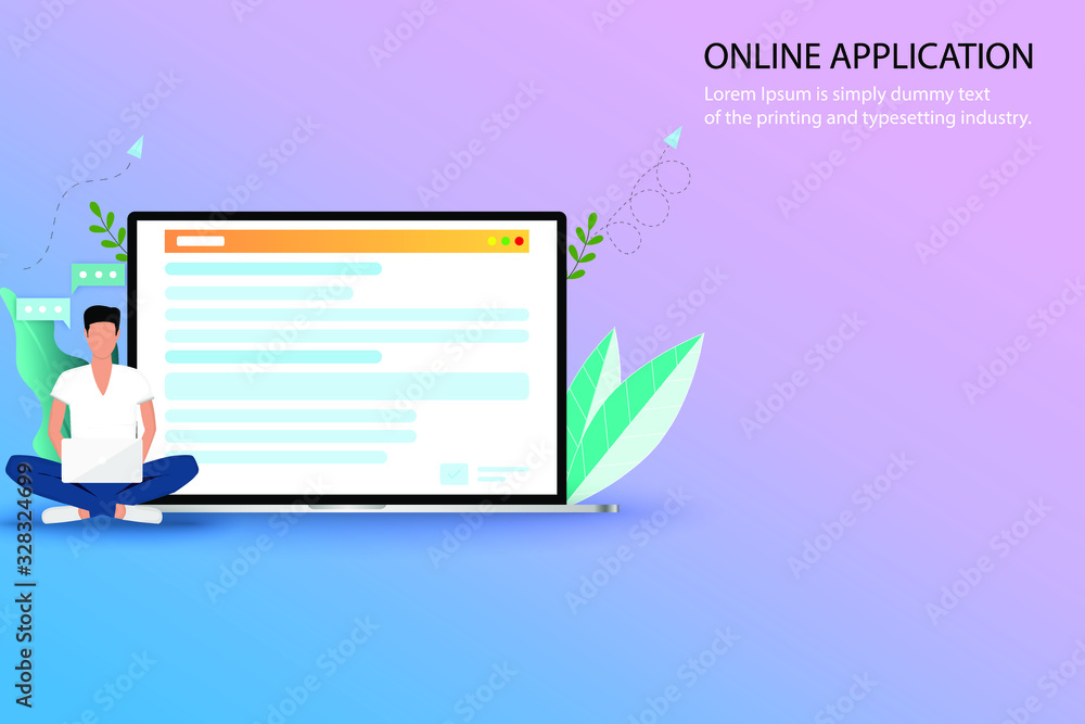 Aufkleber online application concept, a young man is searching in the internet by using laptop to find a cours